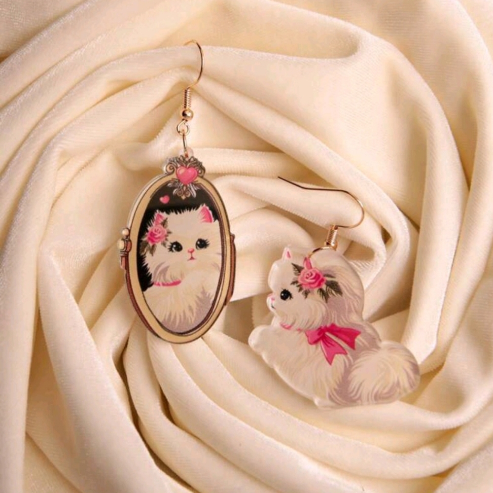 "Purrfectly Pretty" Kitty Cat Look in Mirror Mismatch Dangle Drop Earrings New!